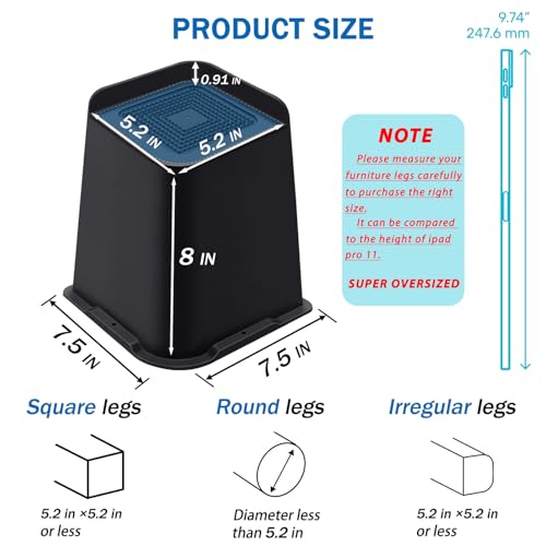 Heavy Duty Bed Risers 8 Inch Black - Supports Up to 5000 Lbs, 4 Pack
