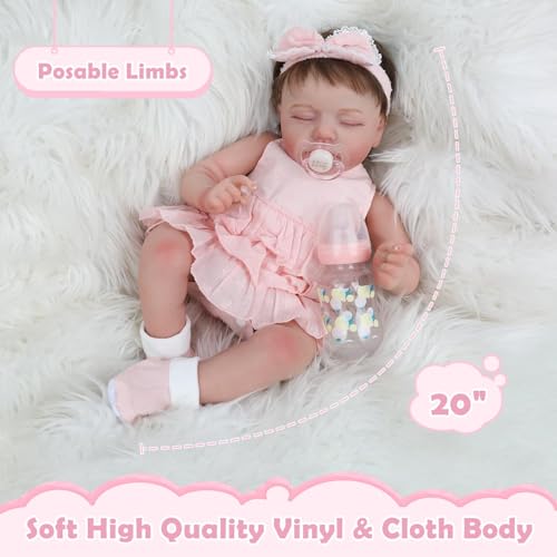 KSBD Reborn Baby Doll Girl 20 Inch - Pink Cloth Body, Realistic Sleeping Newborn, Handcrafted with Painted Details, Gift Set for Kids 3+