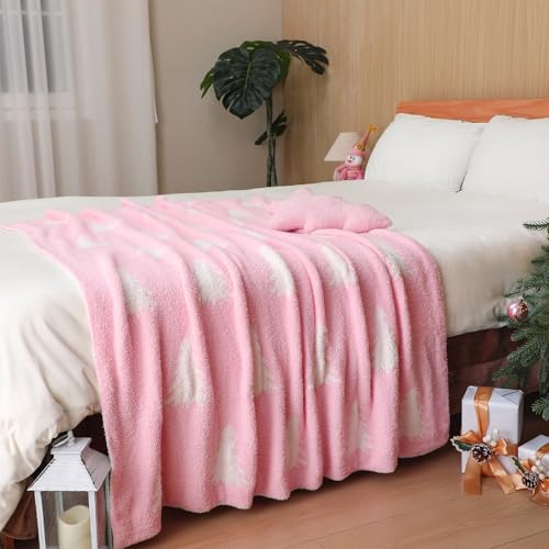 Hillsuren Pink & White Christmas Tree Throw Blanket & Pillow Set, 50 x 60 In, Double-Sided