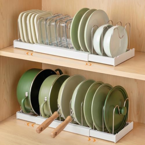 White Expandable Pot Lid Organizer with 10 Adjustable Stainless Steel Dividers - 2 Pack
