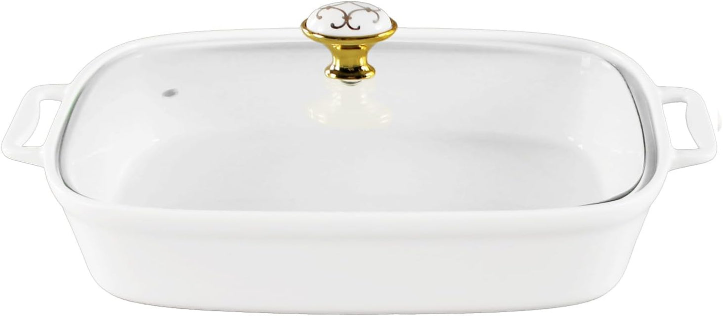 Regine Switzerland Ceramic Casserole Dish - 11" x 8" White Serving Tureen with Glass Lid | 1.6 Quart Capacity for Buffets & Catering