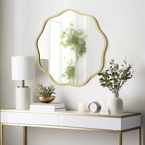 WallBeyond 20 Inch Gold Wavy Round Mirror for Wall Decor, Modern Aluminum Frame