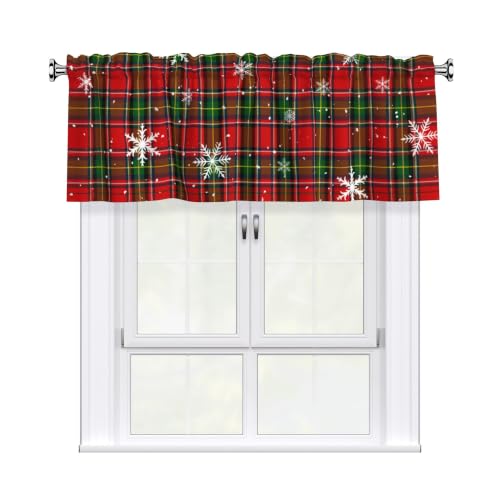 Green Red Christmas Snowflake Plaid Valance for Windows 54x18 Inch