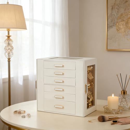 BOOVO White 6-Layer Jewelry Organizer Box with Clear Lid, Large Storage