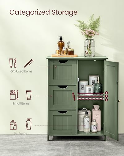 VASAGLE Forest Green Bathroom Floor Cabinet with 1 Door & 3 Drawers, 23.6W