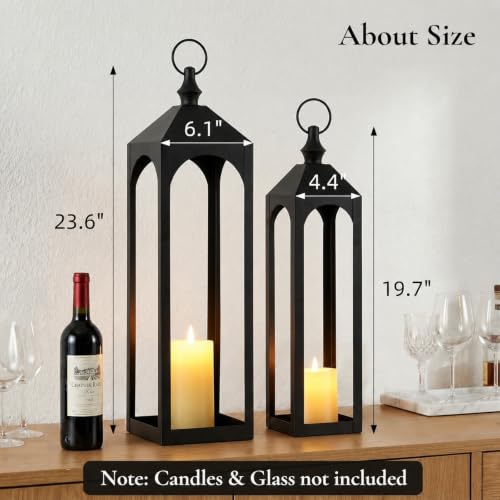 24-Inch & 20-Inch Outdoor Floor Lantern Set - Waterproof Rust-Resistant Black Porch Decor