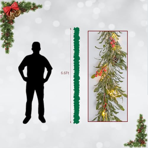 SLPBABY 6.6ft Lighted Christmas Garland – Prelit with 20 Warm LEDs, Pine Cones & Red Berry, Battery Operated w/ Timer