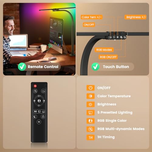 LED Desk Lamp with RGB, Remote Control, Dimmable & Rotatable Double Head - Black 22W