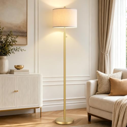 Dimmable Floor Lamp with Linen Shade - Gold Finish, Tall Standing Light, 11W LED Bulb Included, Modern Living Room & Bedroom Decor - Gold Line Shade
