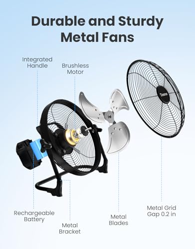 14-Inch Portable Solar Battery Fan - Black, Wireless, Rechargeable, Camping Fan with Phone Charging