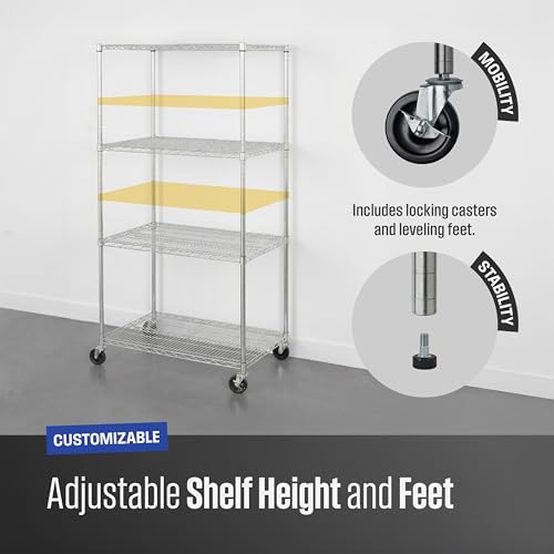 Heavy Duty Wire Shelving Unit - 36x24x72 Inches with Wheels - Silver, 4 Tiers