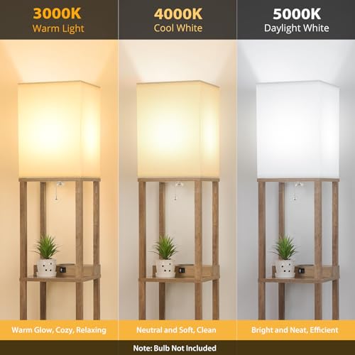 Mlambert Wooden Shelf Floor Lamp with Wireless Charger & USB Ports - Modern Design