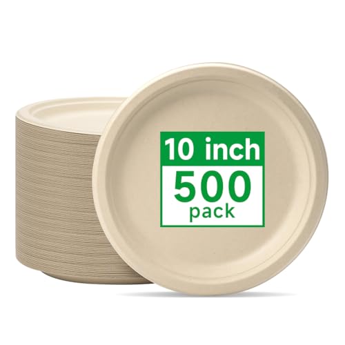RACETOP Compostable Paper Plates 10 Inch - Brown, 500 Pack