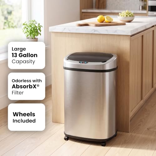13 Gallon Touchless Sensor Trash Can with Odor Filter and Wheels
