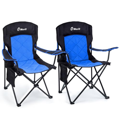 EMERIT 2-Pack Blue Folding Camping Chairs with Diamond-Quilted & Adjustable Armrests - Heavy Duty, Oversized, Ergonomic 18.5" Seat Height
