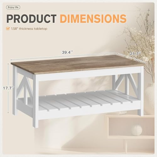 YESHOMY Farmhouse Coffee Table with Storage, Gray & White