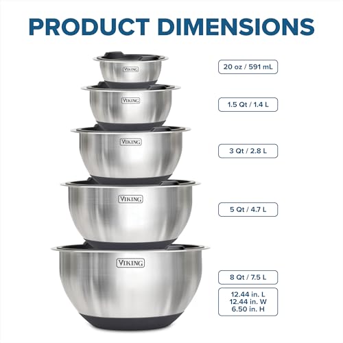 Viking 10-Piece Stainless Steel Mixing Bowls Set with Non-Slip Silicone Base - Black