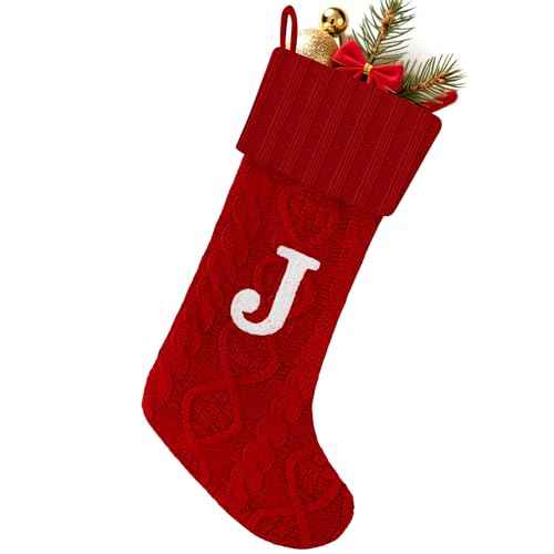 Christmas Stockings with Initials,20 Inches Large Cable Embroidered Monogram Knitted Christmas Stockings with Letter,Personalized Xmas Stockings for Fireplace Family Holiday Decor (Red J)
