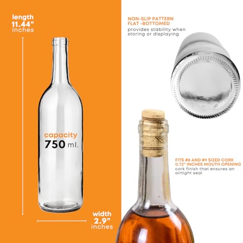 FastRack 750 ml Clear Bordeaux Wine Bottles (Pack of 6) | Flint Flat-Bottomed Glass Bottles Ideal for Wine Making and Storage - NO CORKS INCLUDED
