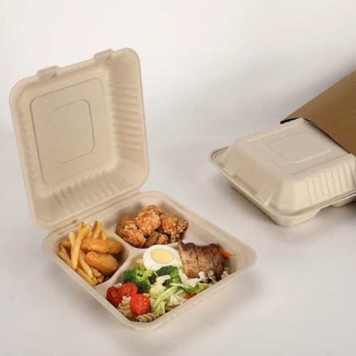 Aricsen 100 Pack 8x9 Inch Eco-Friendly 3-Compartment Takeout Food Containers
