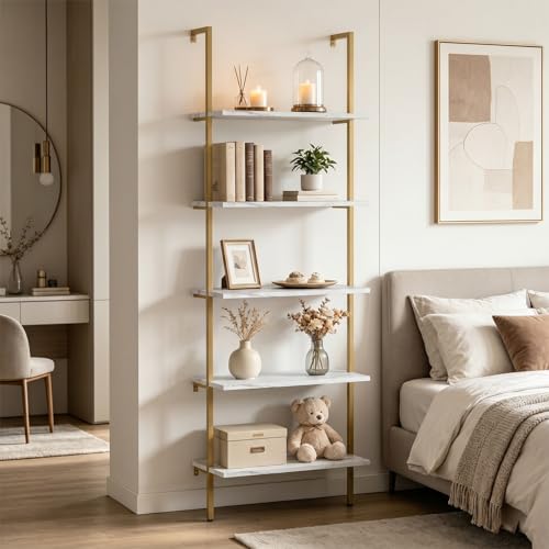 Wall Mount Ladder Shelf 5 Tiers White Marble Finish 2-Piece Modern Bookcase