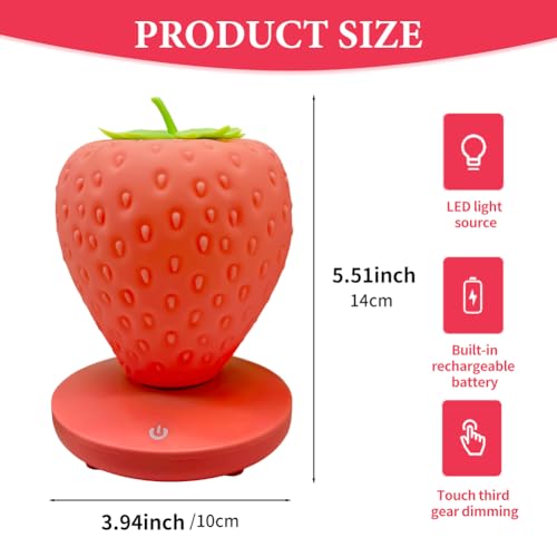 Strawberry Night Light, LED Cute Night Light, Cute Silicone Strawberry Lamp, 3 Modes Touch for Birthday, Christmas (Red)