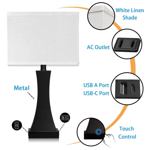 OYedis Black 3-Way Dimmable Touch Bedside Table Lamp with USB & AC Outlet