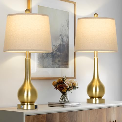 Gold 26-inch Table Lamps Set of 2 with Touch Control & USB Ports - Modern Bedside Lighting - Variation: Gold - 26H