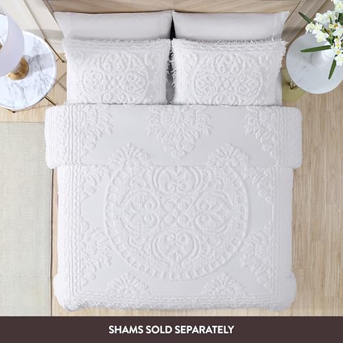 Queen Cotton Chenille Bedspread with Medallion Design - White - Beatrice Home Fashions - Variation: Queen / White