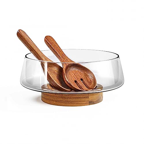 Large Glass Salad Bowl Set with Acacia Wood Base & Utensils - Elegant Kitchen Serveware