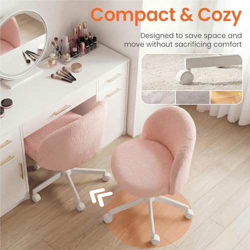 Neo Chair Vanity Chair with Wheels - Pink Teddy Small Desk Seat, Armless