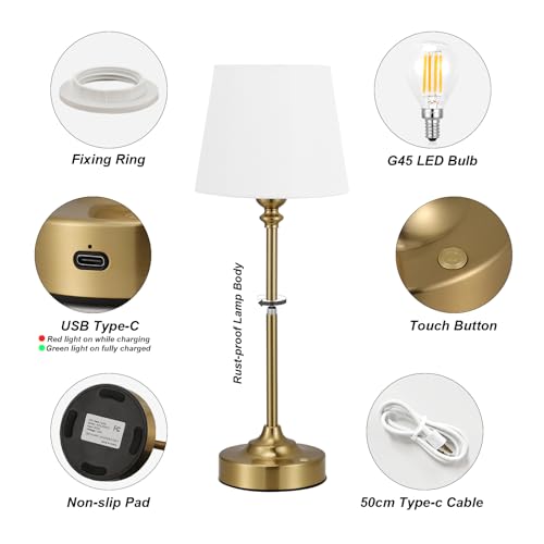 White and Gold Cordless Rechargeable Table Lamp - 15.8in Empire Shade
