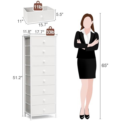 White Fabric Dresser with 8 Drawers - Tall Narrow Vertical Storage Tower