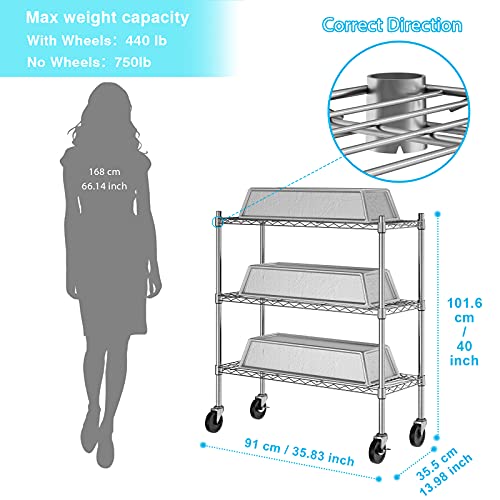 Auslar 3-Tier Heavy Duty Metal Storage Shelves with Casters - Chrome Finish