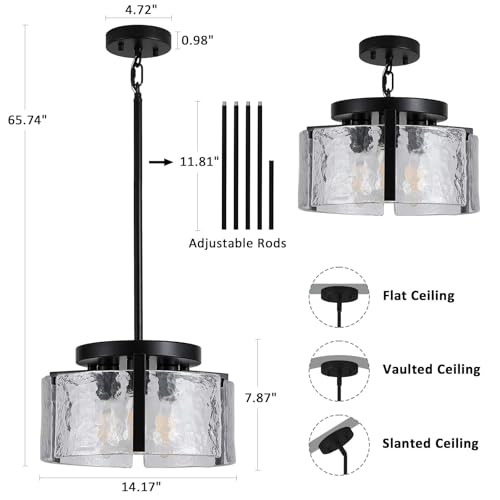 3-Light Black Modern Farmhouse Chandelier for Dining Room & Entryway - Adjustable Glass Pendant Lights
