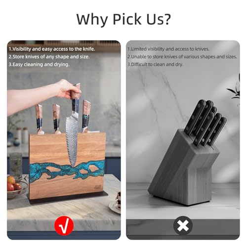 Magnetic Knife Block - Double-Sided Acacia Wood & Blue Resin Holder - 12x10 Inches - Blue