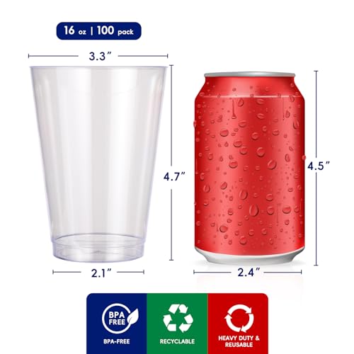 Disposable Clear Plastic Cups 16 oz - 100 Pack, Party Drinking Cups