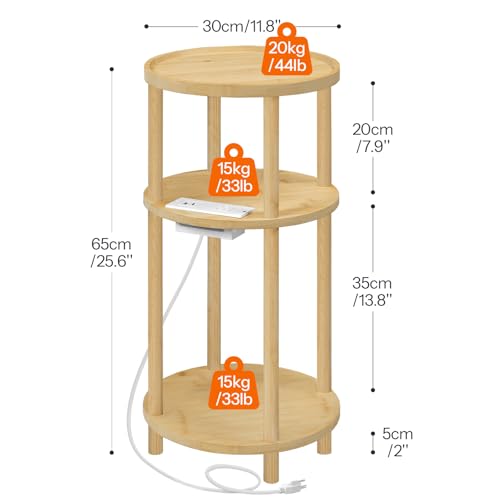 HOOBRO Natural Bamboo Small Round Side Table with Charging Station - 3-Tier, Compact End Table for Living Room & Bedroom, Easy Assembly (YL152UBZ01)