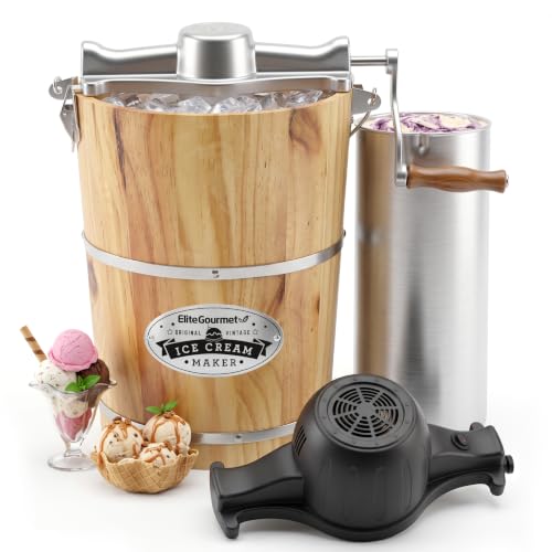 Elite Gourmet 6Qt Old Fashioned Wooden Bucket Ice Cream Maker - Hand Crank & Electric