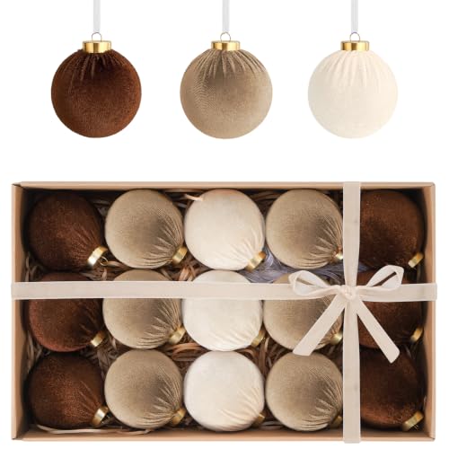 Fashlits Brown Velvet Christmas Tree Ornaments Set - 15 Pack, 3.15 Inch