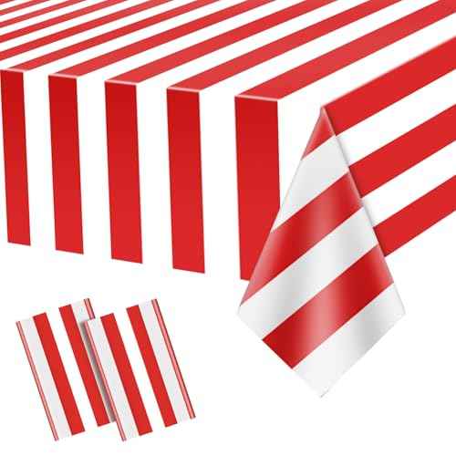 Carnival Theme Party Decorations Tablecloths, Circus Plastic Table Covers Rectangle Disposable Red and White Striped Tablecloth Supplies for Kids Birthday Movie Night Christmas, 87'' x 51'', 2pcs