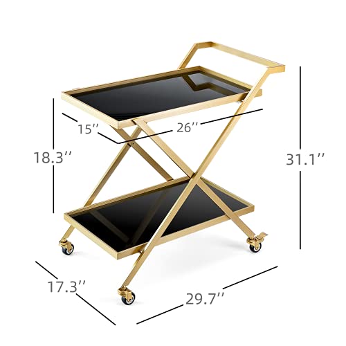 Gold Finish Bar Cart on Wheels with Locking Casters - 2-Tier Serving Cart for Home & Bar