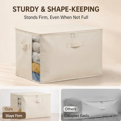 TomVista 3-Pack Beige Cotton Canvas Storage Bags 70L with Clear Window - Space-Saving Closet Organizer