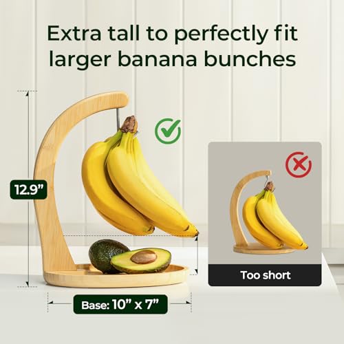 Bamboo Banana Holder with Fruit Tray - Extra Tall 12.9 Inch Stand, Natural Kitchen Organizer