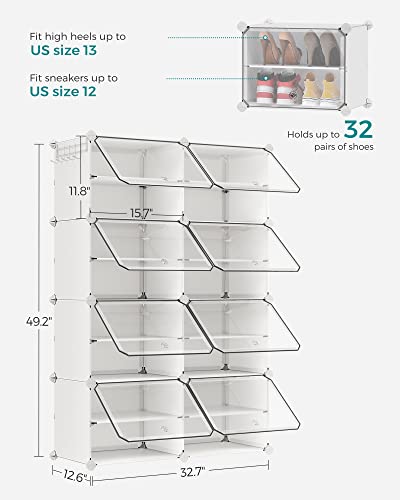 SONGMICS 8-Tier Shoe Rack with Doors - 32-Pair Storage, Cloud White & Transparent Variation