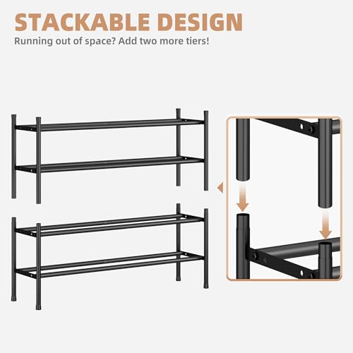 Expandable Shoe Rack - Holds 24 Pairs, 4 Tiers, Black, Adjustable & Stackable