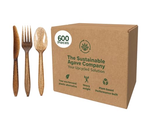 600 Pcs Unwrapped Agave Fiber Cutlery Set - Eco-Friendly Bulk Forks, Knives, Spoons
