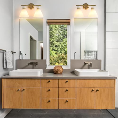 Gold 2-Light Bathroom Vanity Light Fixture - Mid Century Frosted Glass Sconces with Over Mirror Mount