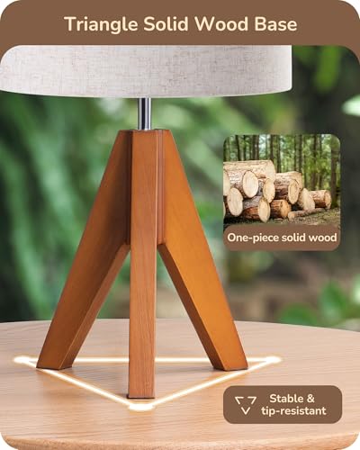 EDISHINE Small Tripod Bedside Table Lamp - Light Brown Wooden Design, 14.2 Inch, E26 Base