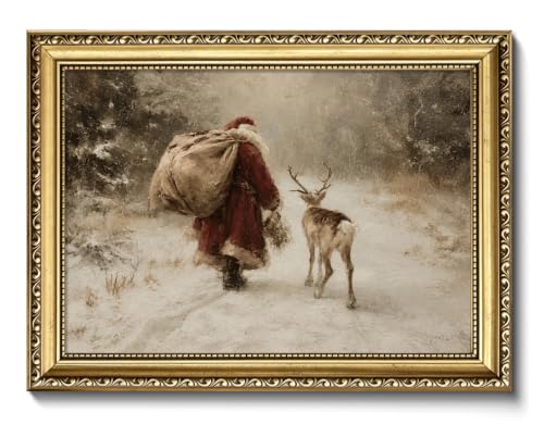 Santa Claus Wall Art with Reindeer Framed Canvas 16x24in Christmas Decor